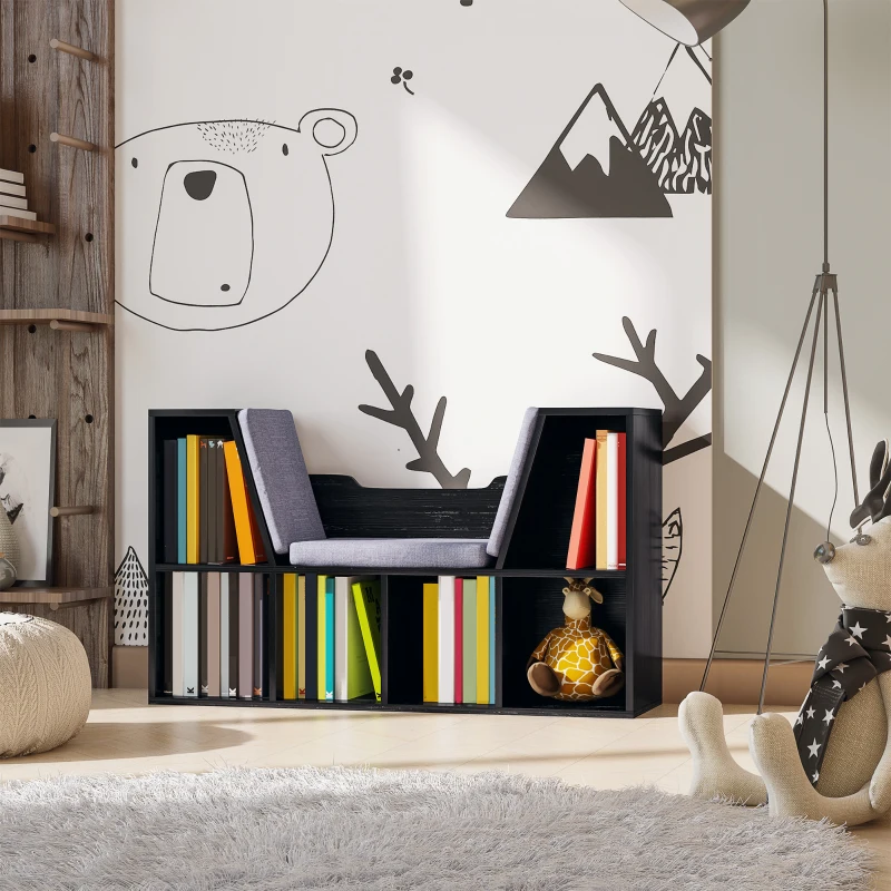 HOMCOM Bibliothèque banc 2 en 1 avec coussins de siège, étagère cube 6 compartiments ouverts et 2 niveaux, meuble de rangement pour salon, chambre à coucher, bureau, 102 x 30 x 61 cm, noir