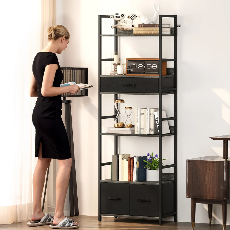 HOMCOM Industrial Style Bookcase, with 4 Shelves and 3 Fabric Drawers - Grey/Black
