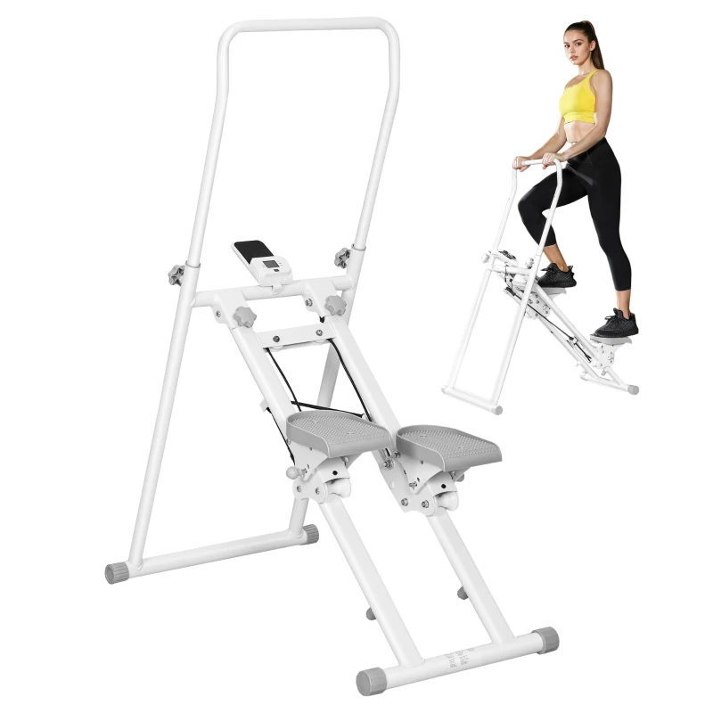 SPORTNOW Stepper Vertical Climber Pieghevole con Impugnatura Regolabile, Pedali Antiscivolo e Monitor LCD, Bianco