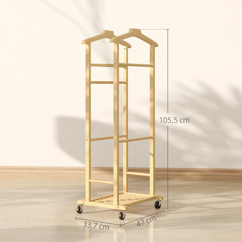 HOMCOM Galán de Noche de Bambú con Ruedas Colgadores Barras para Pantalones Bandeja y Zapatero 47x33,7x105,5 cm Natural