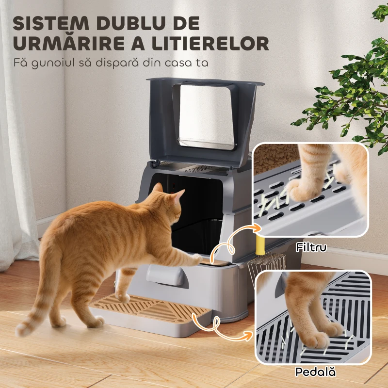 PawHut Litieră Închisă de 80L pentru Pisici cu Tavă Detașabilă, în ABS și Oțel Inoxidabil, 63x43x43 cm, Gri Închis