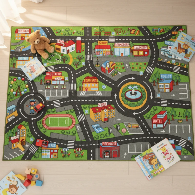 AIYAPLAY Tappeto da gioco per bambini, antiscivolo, motivo strada cittadina, 200 x 150 cm, Multicolore