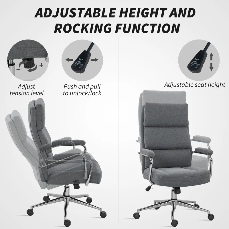 HOMCOM Executive Office Chair, Linen Fabric Computer Desk Chair with Double-Layer Back Cushion, Rocking Function, Height Adjustable for Home, Charcoal Grey