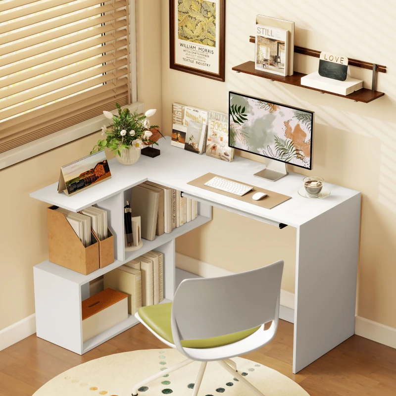 HOMCOM Bureau d'angle bureau en L avec étagères de rangement, plateau à clavier coulissant, 120x100x76cm, blanc