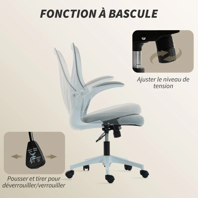 HOMCOM Chaise bureau ergonomique, fauteuil de bureau maille, dossier rabattable, accoudoirs relevables, 73x62x101-111cm, gris