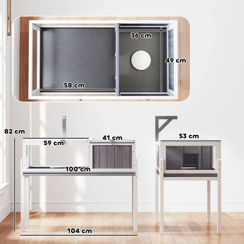 PawHut Casetta Tartarughe Rialzata con Divisorio, Vassoio Estraibile, in Legno e PS, 104x53x82 cm, Grigio e Bianco