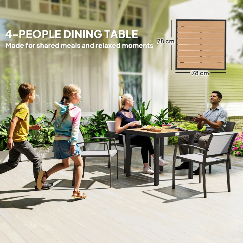 Outsunny Table à manger de jardin pour 4 personnes, en aluminium, 78 x 78 x 74 cm, couleur aspect bois naturel