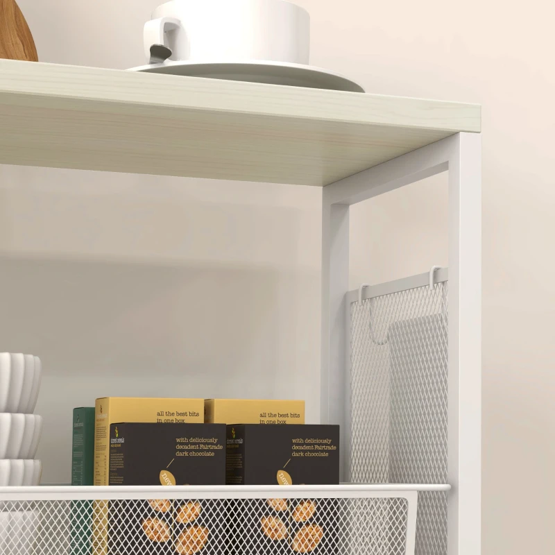 HOMCOM 3-Tier Kitchen Cart with 3 Steel Wire Baskets - White