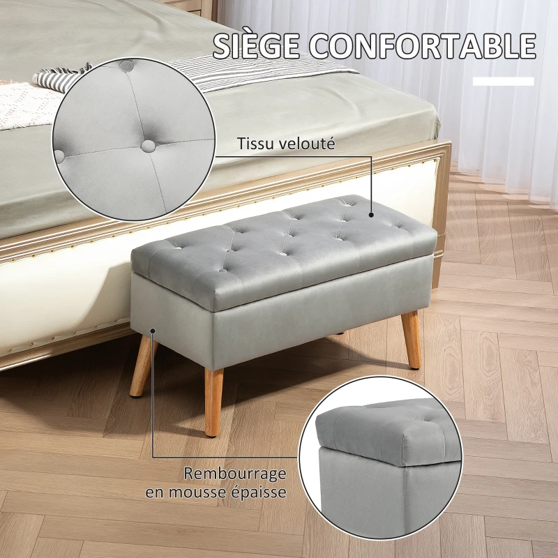 HOMCOM Banc de rangement coffre de rangement tissu effet velours pieds en bois charge max. 120 kg 80 x 35 x 42 cm, gris