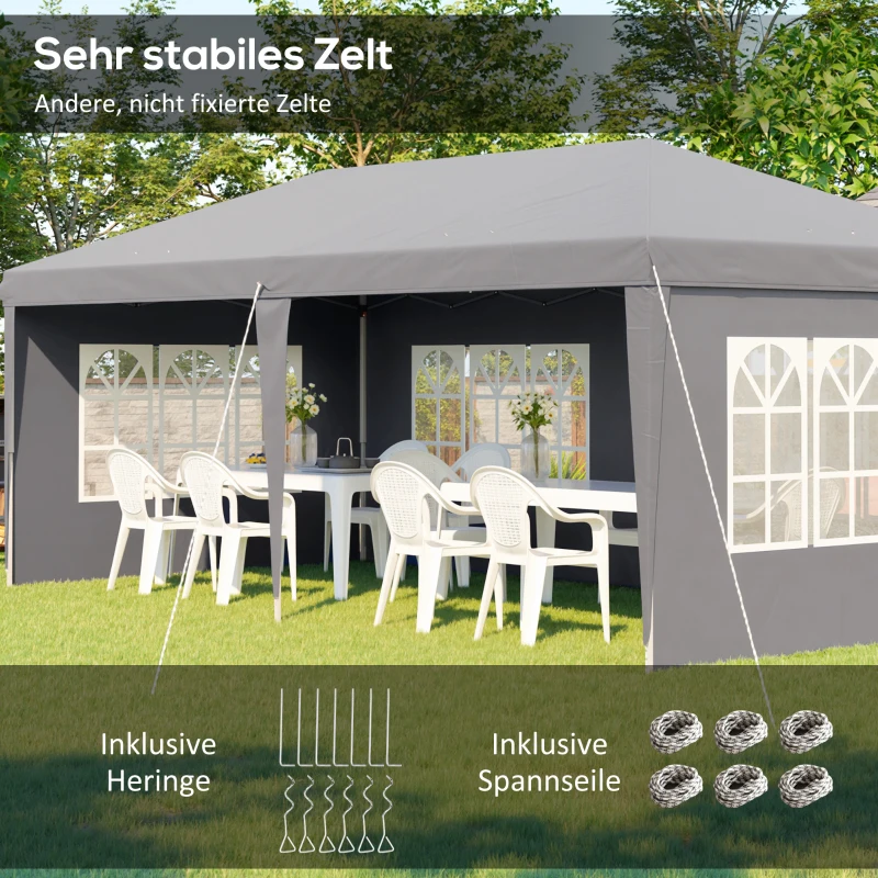 Outsunny Paviljoen ca. 3x6m waterdicht pop-up opvouwbaar paviljoen met 4 zijwanden, raam, UV-bescherming, draagtas, grijs