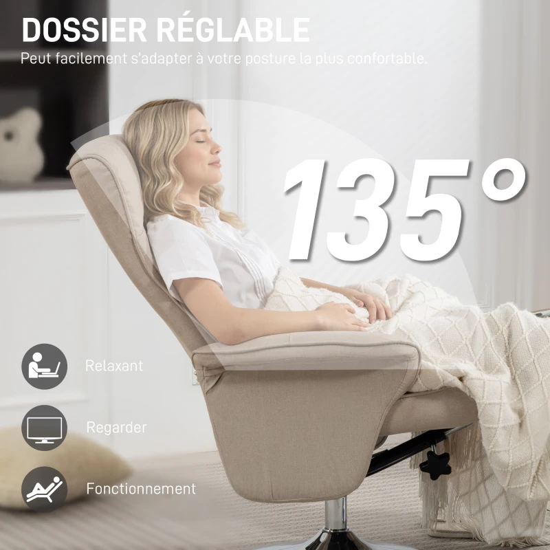 HOMCOM Fauteuil relax inclinable 135° pivotant 360° avec repose-pieds revêtement tissu beige