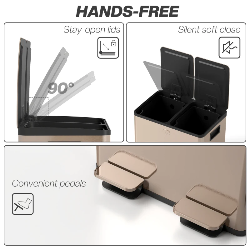 HOMCOM 30L Dual Compartment Stainless Steel Bin, with Deodoriser Holders - Gold Tone