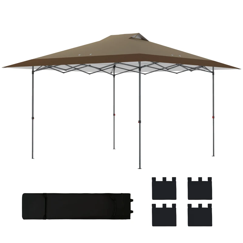 Outsunny Klapp-Pop-up-Pavillon 4x4 m mit Zentralverriegelung UPF50+ Höhenverstellbar Sandsäcke und Rolltasche Beige und Braun