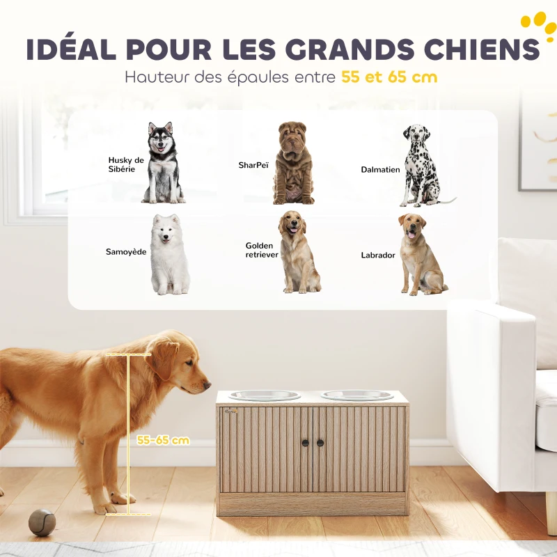 PawHut Gamelles pour chiens surélevées porte-gamelles avec rangement de 40L, 2 bols en acier inoxydable 60 x 30 x 35,5 cm chêne