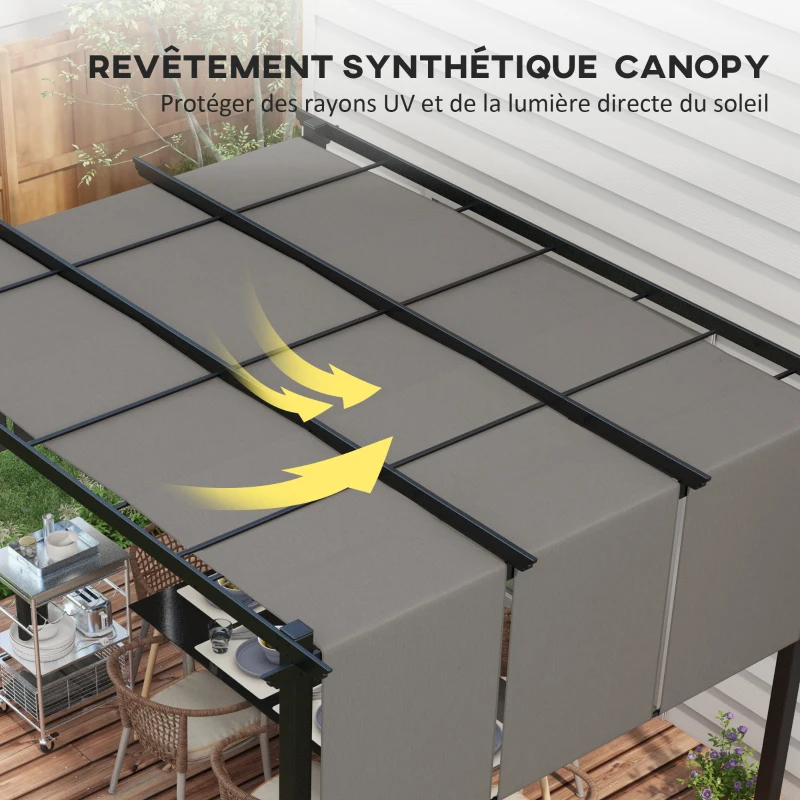 Outsunny Pergola avec 3 toiles coulissantes 3,5 x 3 x 2,35 m structure acier noir toile polyester gris foncé