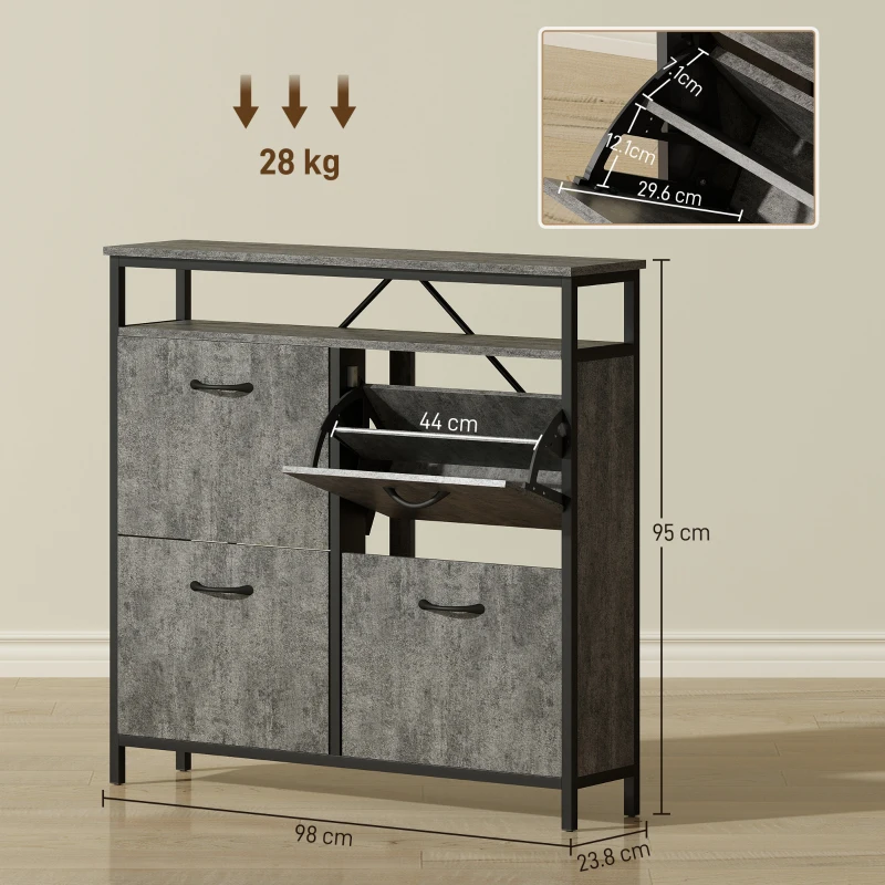 HOMCOM Shoe Storage Cabinet with 4 Flip Drawers and Open Shelf - Cement Grey