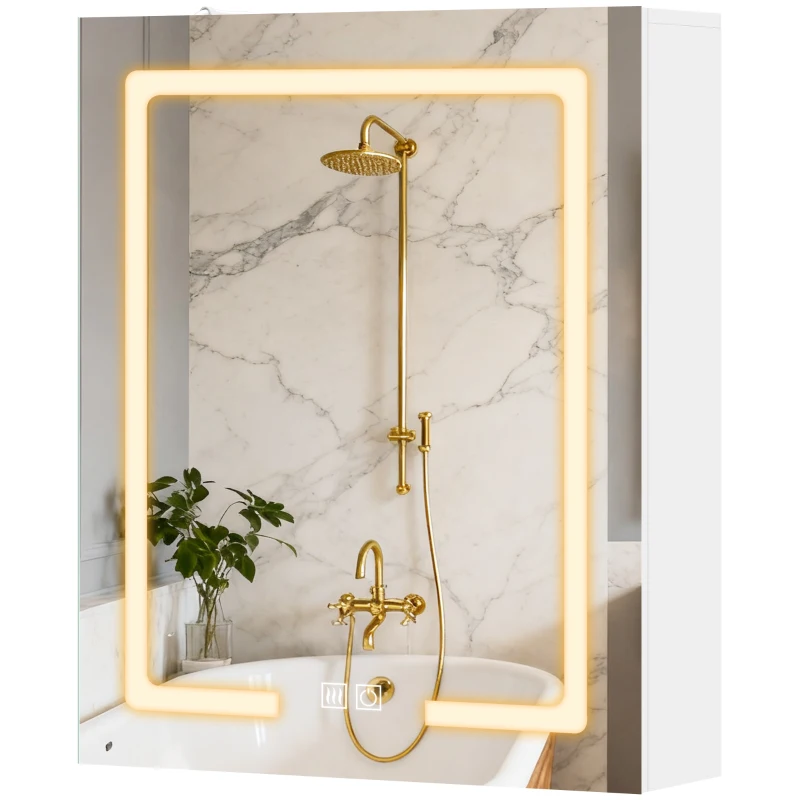 HOMCOM Armario con espejo para baño con iluminación estante ajustable, puerta, 3 temperaturas de color, anti-vaho 50 x 15 x 60 cm blanco