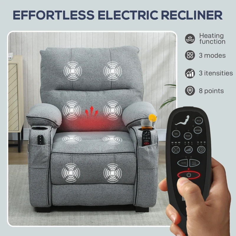 HOMCOM Electric Massage Recliner Armchair with Vibration, Heat, Whisper-Quiet Motor, Memory Function, Velvet Power Reclining Chair with Spring Pack, USB Port, Footrest, Side Pocket, Cup Holders, Grey