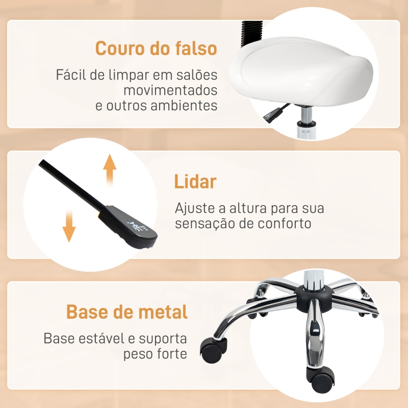 HOMCOM Banco Giratório Rodas e Encosto Amovível Banco de Trabalho com Altura Regulável 83-98 cm Assento Estofado em Couro Sintético Branco
