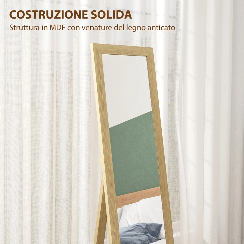 HOMCOM Specchio Verticale da Parete o da Terra con Cornice in MDF, 37x40x155 cm, Quercia e Trasparente