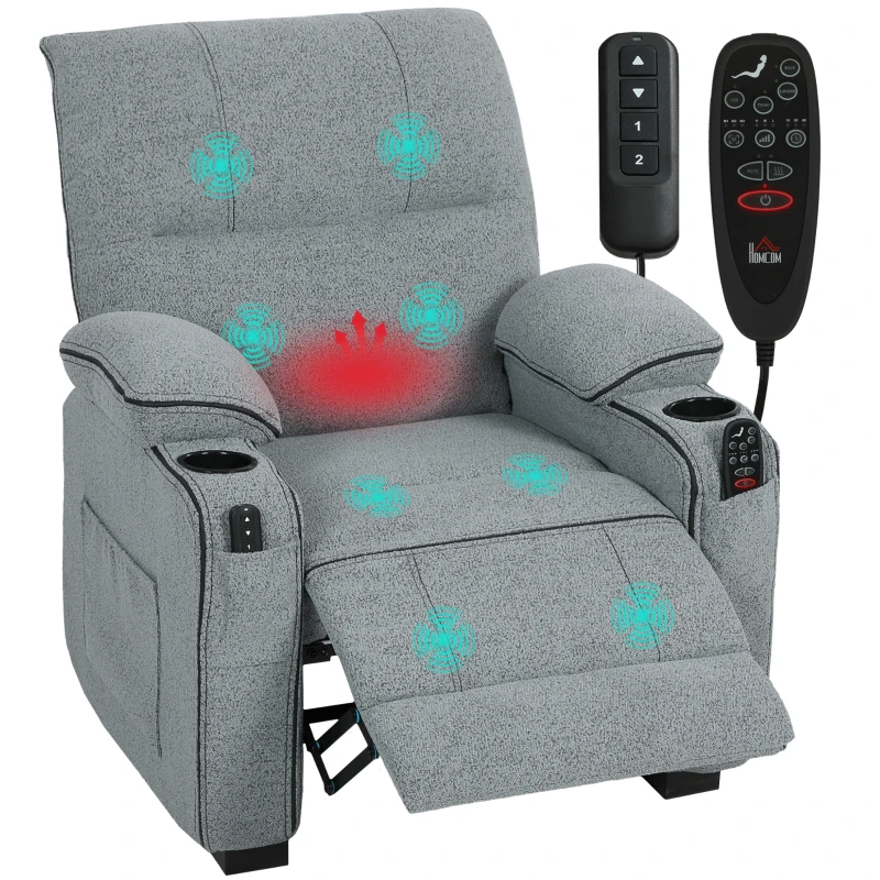 HOMCOM Electric Massage Recliner Armchair with Vibration, Heat, Whisper-Quiet Motor, Memory Function, Velvet Power Reclining Chair with Spring Pack, USB Port, Footrest, Side Pocket, Cup Holders, Grey