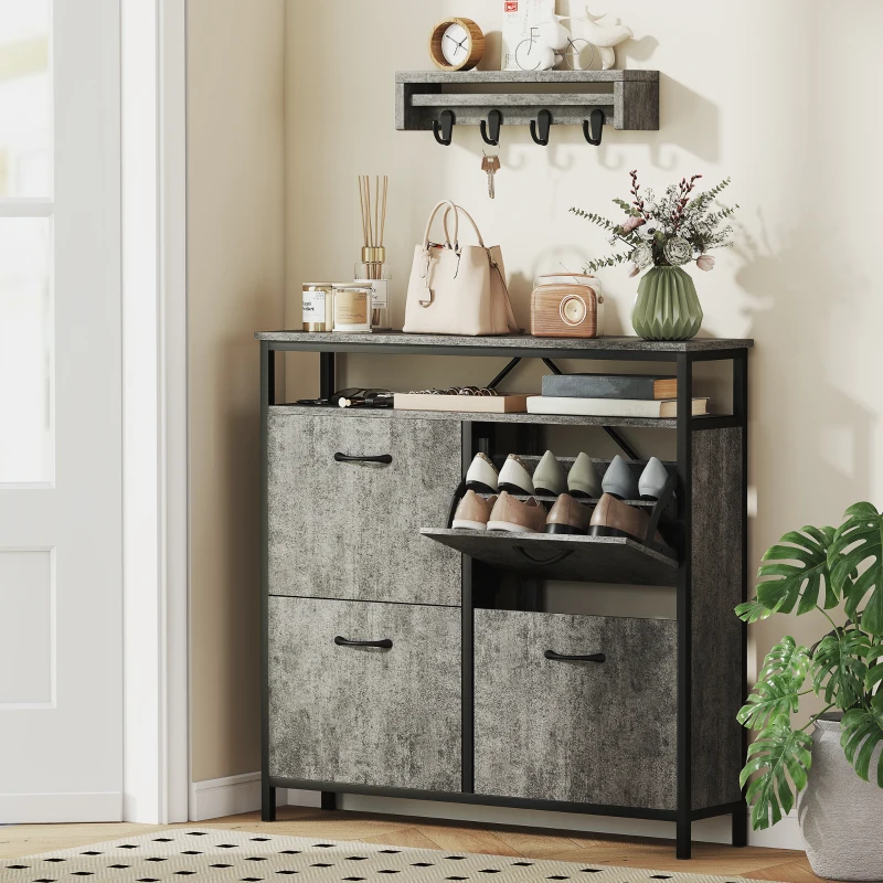 HOMCOM Shoe Storage Cabinet with 4 Flip Drawers and Open Shelf - Cement Grey