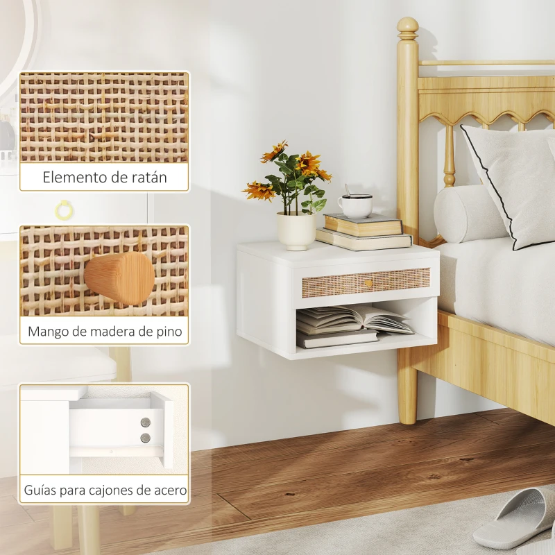 HOMCOM Juego de Mesitas de Noche Flotantes con Cajón de Ratán y Estante Abierto para Dormitorio 40x34x23cm Blanco