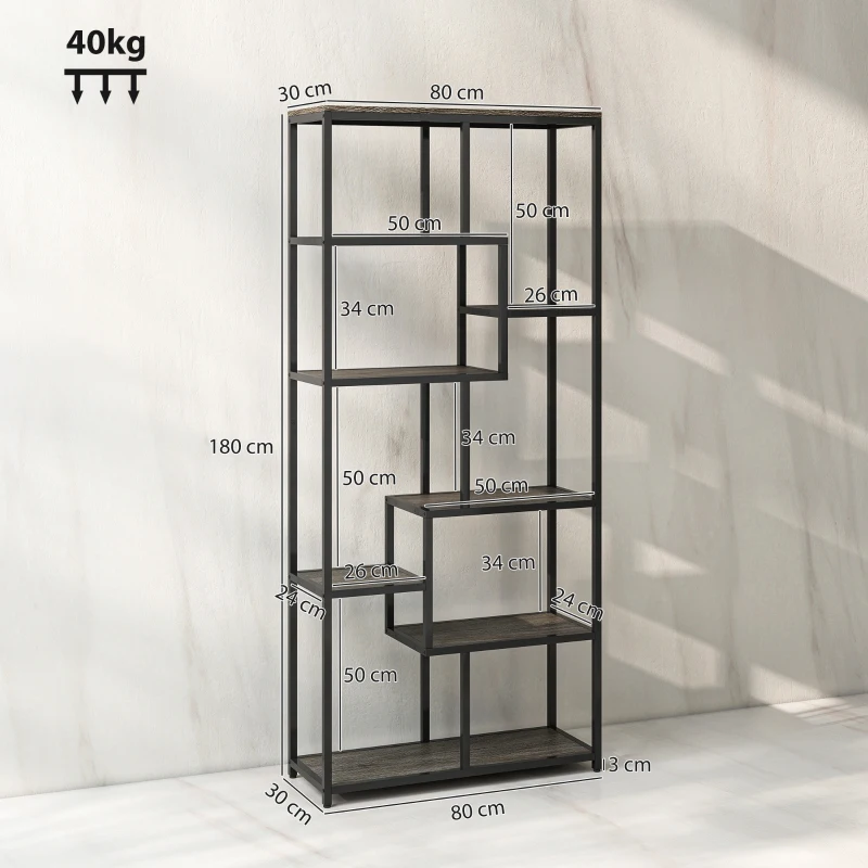 HOMCOM Seven-Tier Geometric Bookcase - Grey/Black