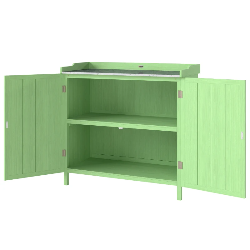 Outsunny Wood Garden Storage Cabinet, Outdoor Tool Shed, Potting Bench Table with galvanised Top and Two Shelves for garden Tools or Pool Accessories, Green