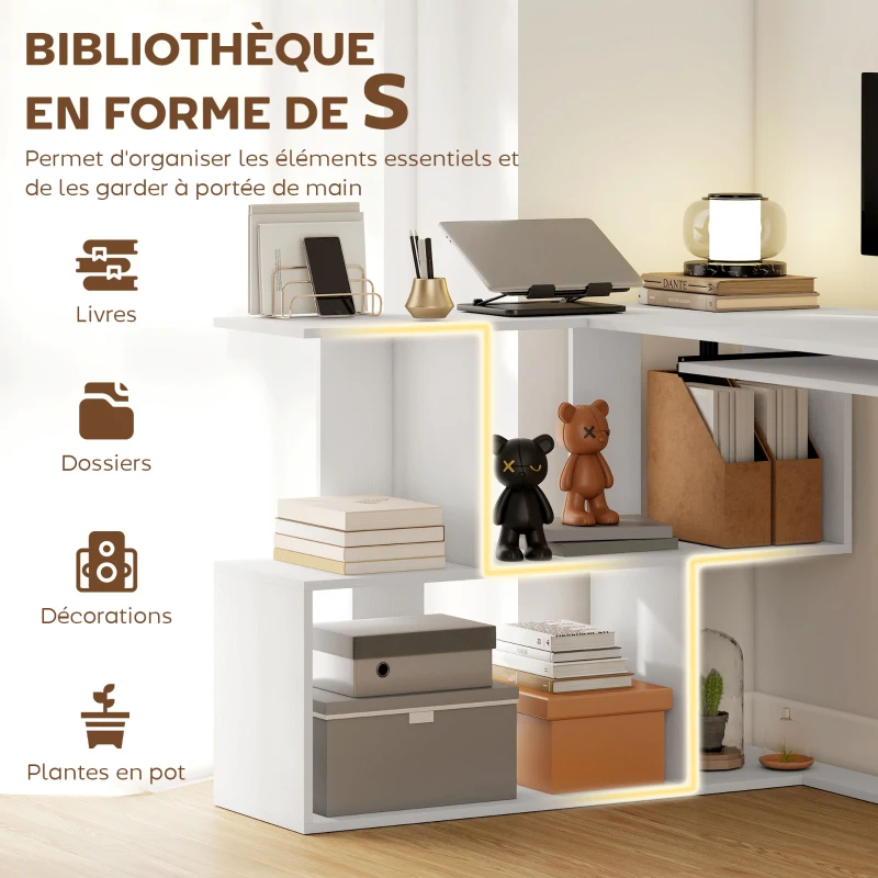 HOMCOM Bureau d'angle bureau en L avec étagères de rangement, plateau à clavier coulissant, 120x100x76cm, blanc