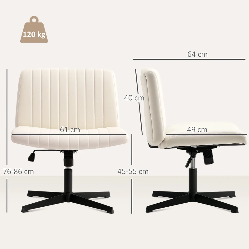HOMCOM Armless Office Chair No Wheels, Linen Fabric Criss Cross Legged Desk Chair with Wide Seat, Thick Padding, Tilt Function, Height Adjustable Swivel Computer Seat for Home, Cream
