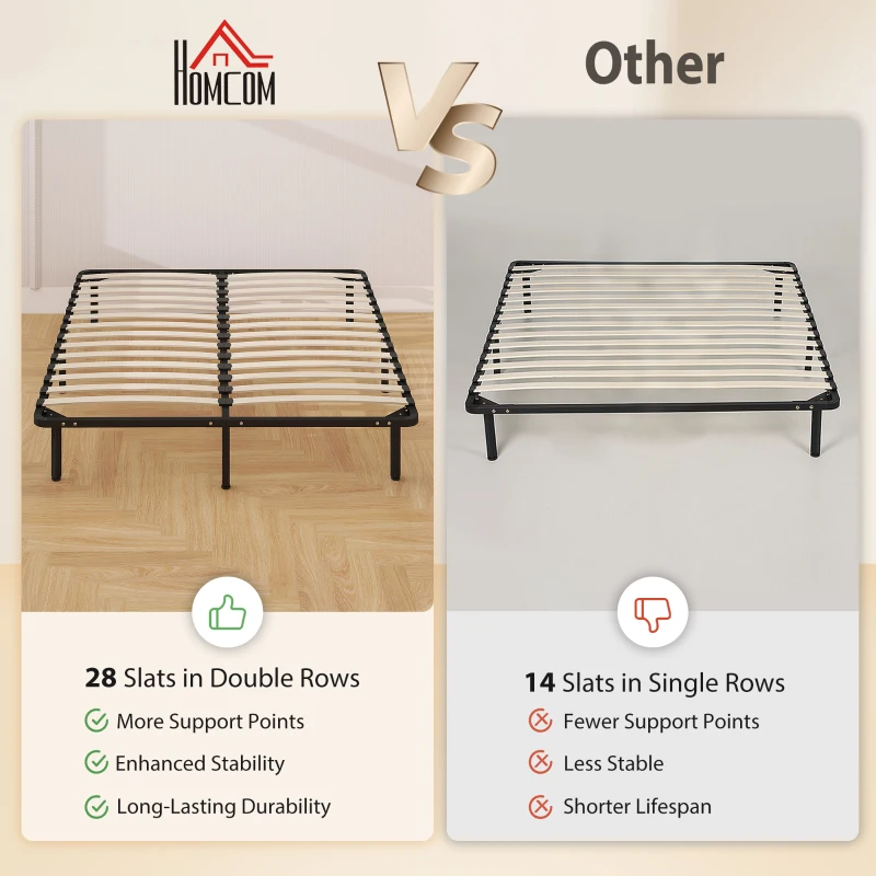 HOMCOM Pat Matrimonial Industrial cu 28 de Lamele și Spațiu de Depozitare din Lemn și Oțel, 190x160x31 cm, Negru și Lemn