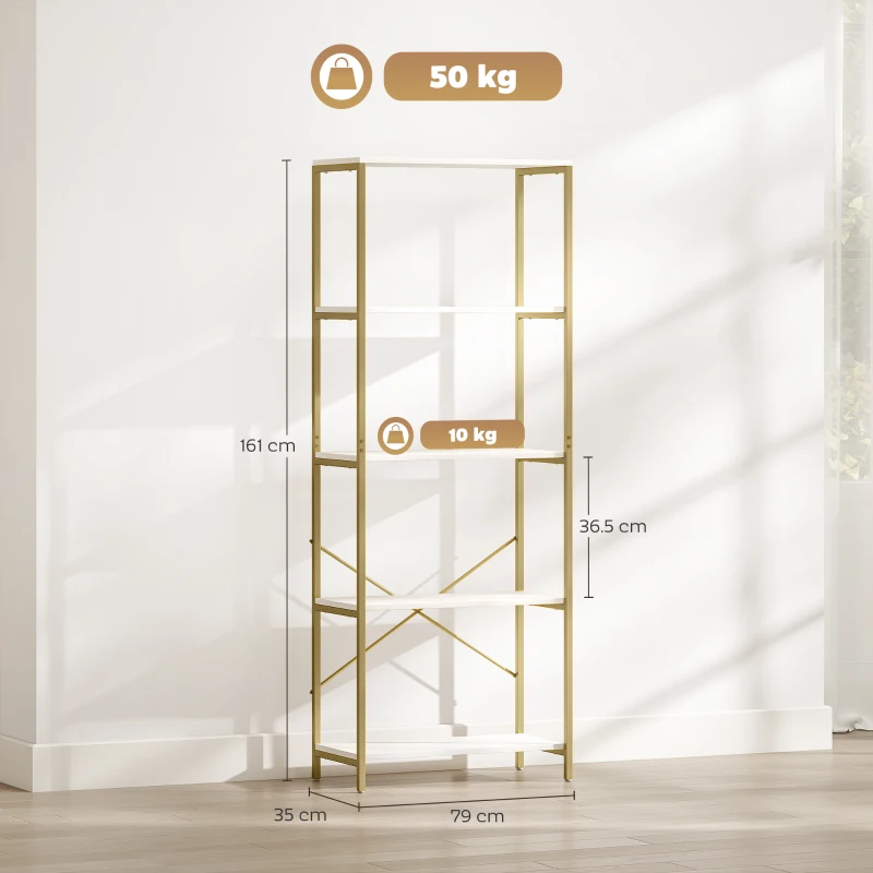 HOMCOM 5-Tier Bookshelf, Modern Bookcase with Metal Frame - White and Gold Tone