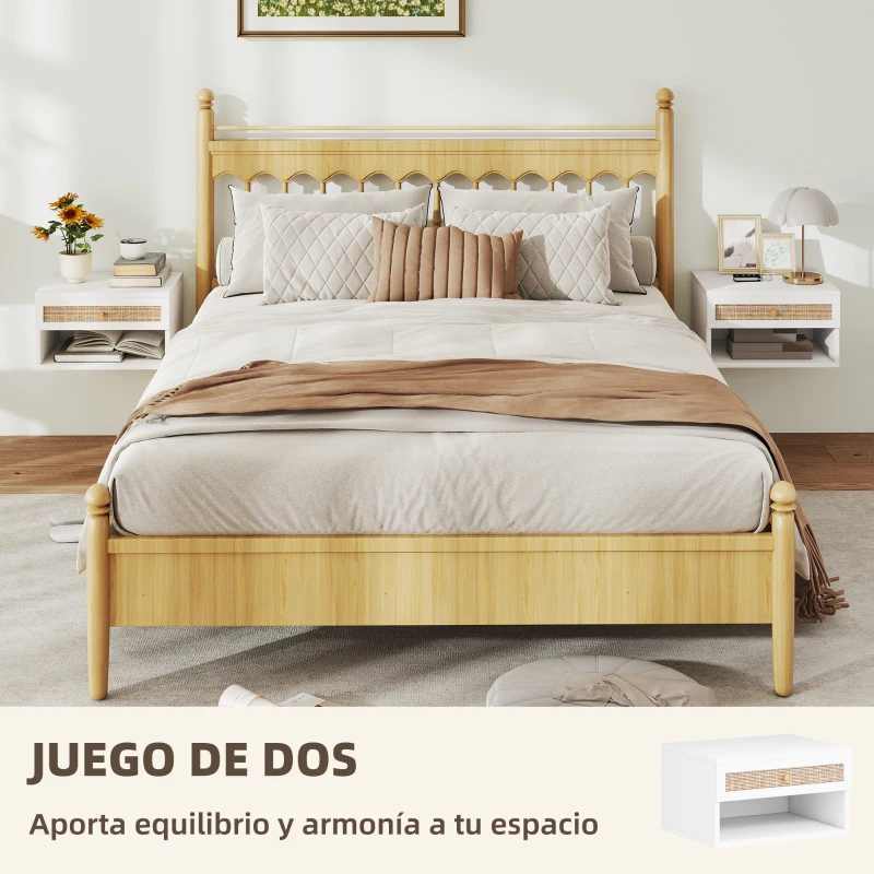 HOMCOM Juego de Mesitas de Noche Flotantes con Cajón de Ratán y Estante Abierto para Dormitorio 40x34x23cm Blanco