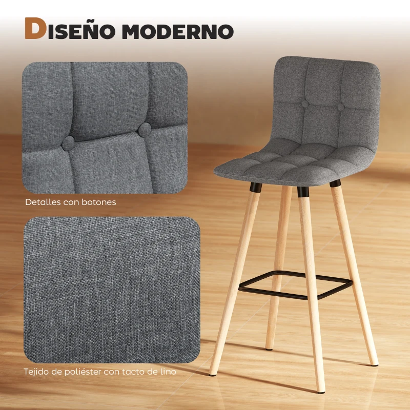 HOMCOM Juego de 2 Taburetes Altos de Cocina con Respaldo Reposapiés Patas de Madera Estilo Moderno Gris
