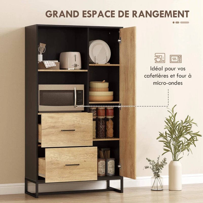 HOMCOM Armoire de cuisine meuble de rangement, 2 tiroirs 1 placard 2 niches et étagères réglables, 88x35x160cm, noir et naturel