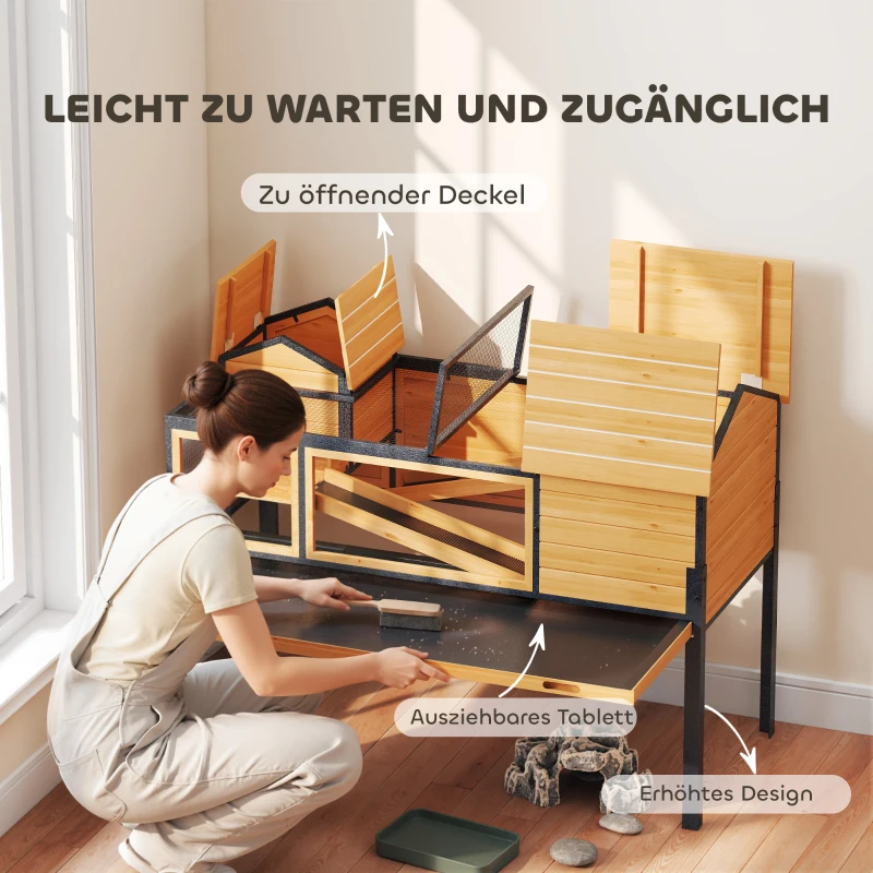 PawHut Schildkrötenhaus, Kleintiergehege, 2 Räume, 2 Stockwerke, Fenster, Rampen, Zubehör, Holz, Stahl, Gelb