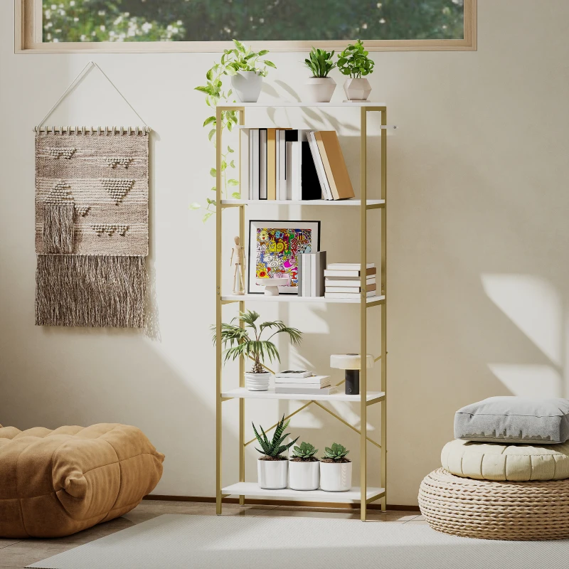 HOMCOM 5-Tier Bookshelf, Modern Bookcase with Metal Frame - White and Gold Tone