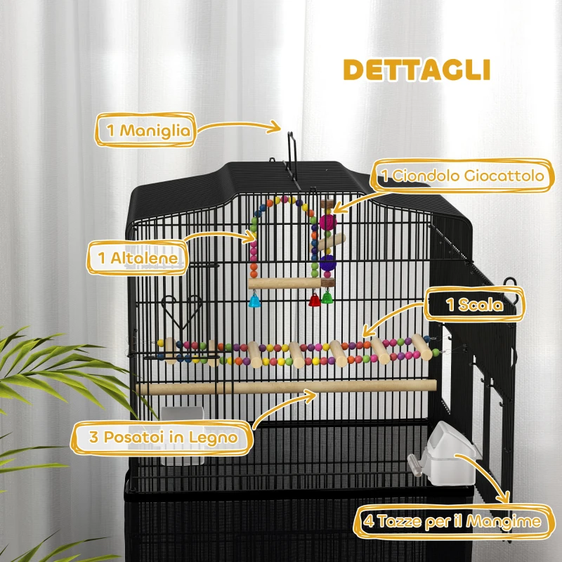 PawHut Gabbia per Uccelli con Maniglia, Vassoio Estraibile, Posatoi in Legno, Altalena e Ciotole, 46.5x35.5x92cm, Nero