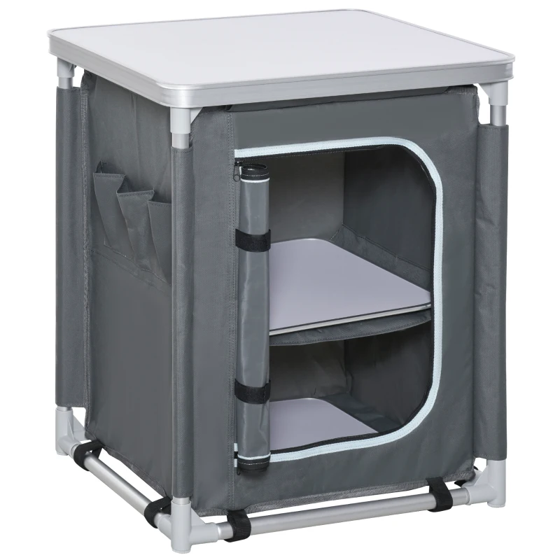 Outsunny Placard de cuisine pour camping pliable avec 2 étagères et sac de transport, aluminium et tissu Oxford 60x49x70cm Gris
