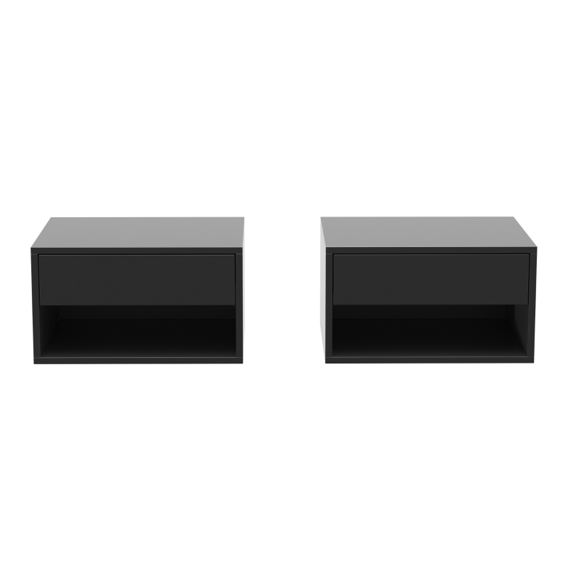 HOMCOM Set of 2 wall-mounted bedside tables, nightstands, drawer, open compartment, top, 37 x 32 x 21 cm, black