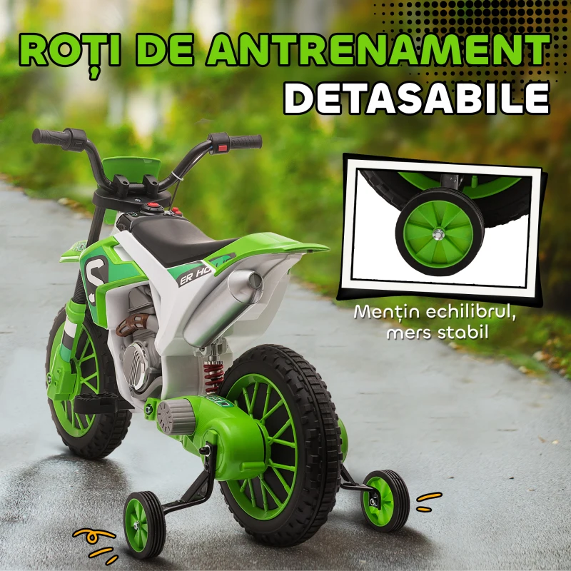 Homcom Motocicleta Copii 12V Verde – Reincarcabila, Cu Rotile de Siguranta