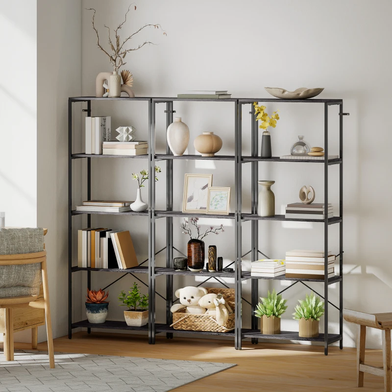 HOMCOM 5-Tier Bookshelf, Industrial Bookcase with Metal Frame - Dark Grey and Black
