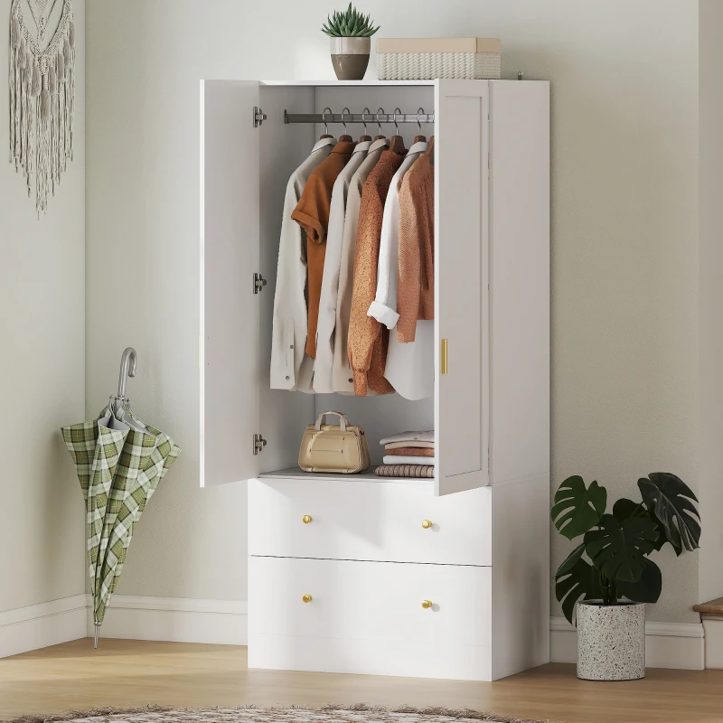 HOMCOM Armoire chambre penderie avec miroir, 2 portes, 2 tiroirs et barre de suspension, 80 x 50 x 180 cm, blanc