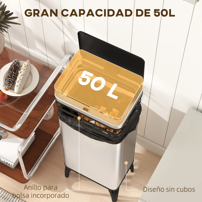 HOMCOM Cubo de Basura Cocina Automático 50L, Papelera de Cocina de Acero Inoxidable con Sensor Infrarrojo, Cierre Suave, Plata