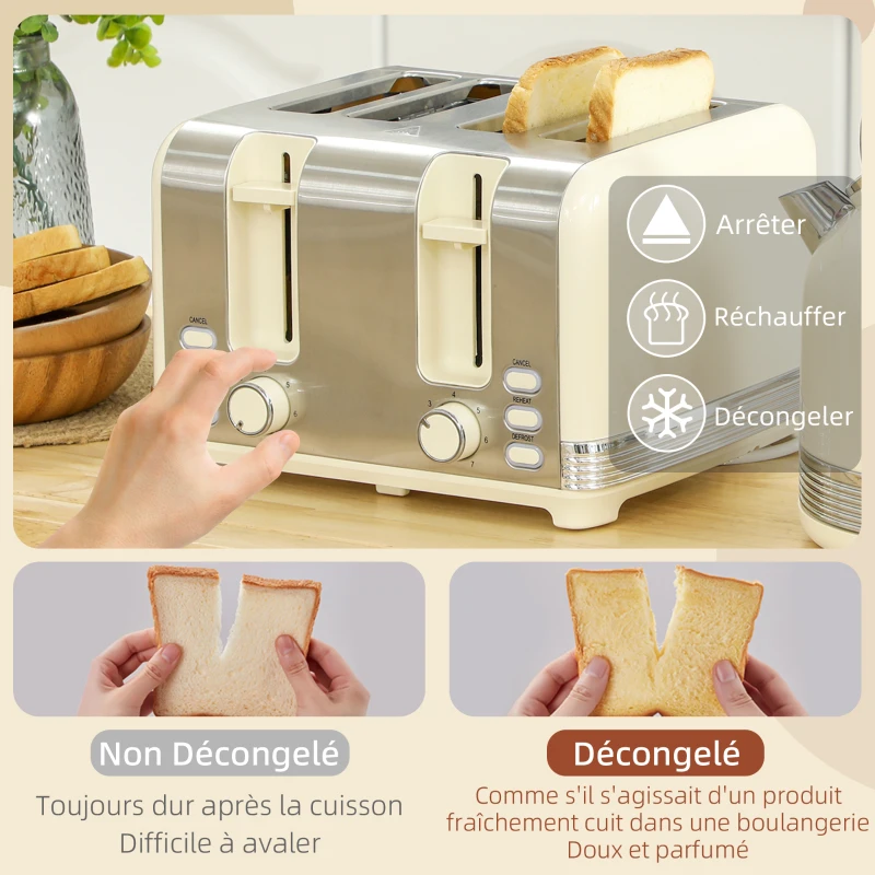 HOMCOM Ensemble bouilloire grille-pain, bouilloire en acier inoxydable 1,7 L et 2200 W et grille-pain à 4 tranches, crème