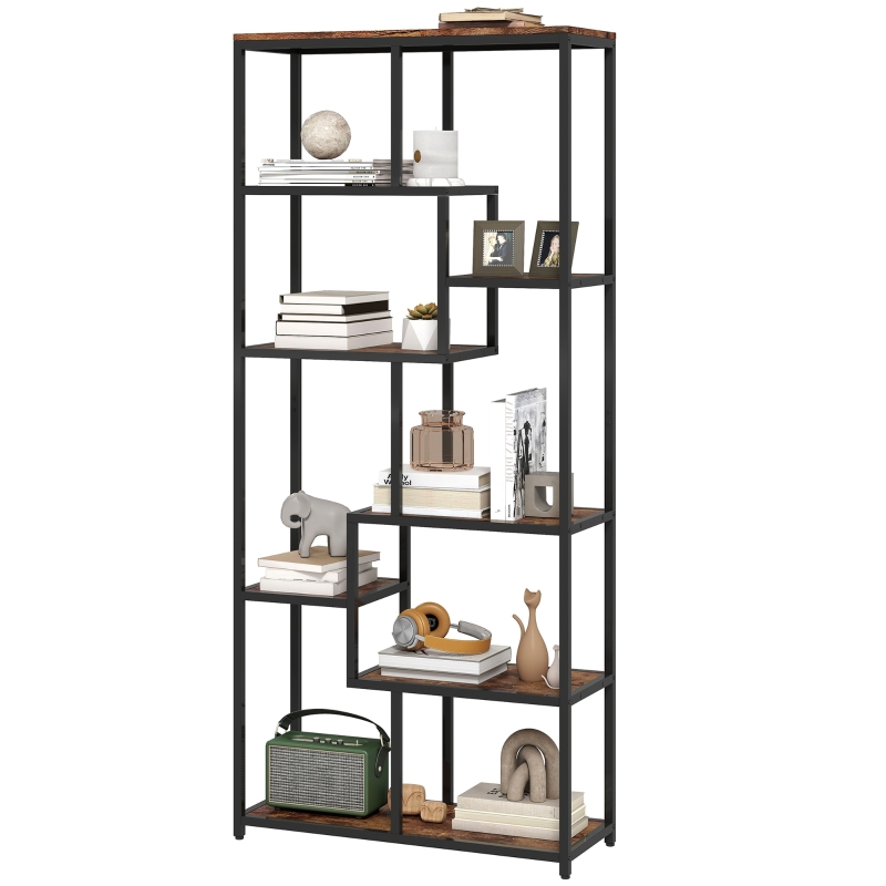 HOMCOM Seven-Tier Geometric Bookcase - Brown/Black