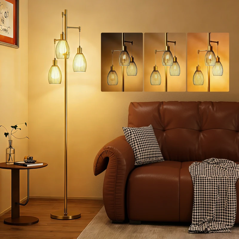 HOMCOM 3-Light Floor Lamp, 170cm Industrial Dimmable Standing Lamp with Steel Wire Cage Lampshades for Living Room, Bedroom, Dining Room, Study, Bulb Not Included, Gold Tone
