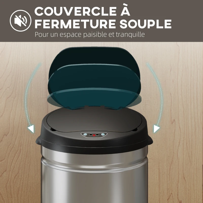 HOMCOM Poubelle cuisine automatique 42L acier inoxydable, poubelle à couvercle à fermeture en douceur, 30,5x30,5x68cm, argent