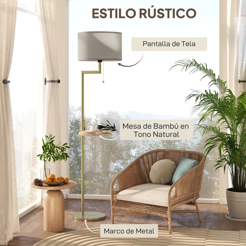 HOMCOM Lámpara de Pie Moderna con Estante Pantalla de Lino Interruptor de Cadena y Puerto USB Ø40x170 cm para Salón Dorado
